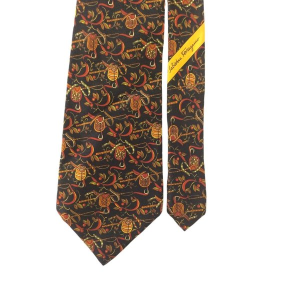 SALVATORE FERRAGAMO Black Riding Accessoire Print Silk Italy Tie 56"/3".3/4 EX. - Picture 4 of 5